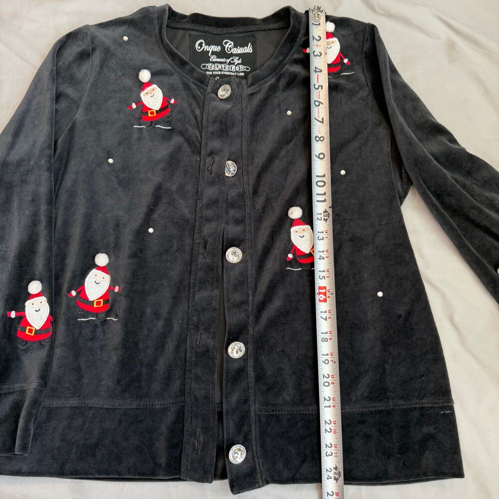 Onque Casuals Black, Christmas, embroidered Santas, Velour Cardigan- L - Picture 5 of 8